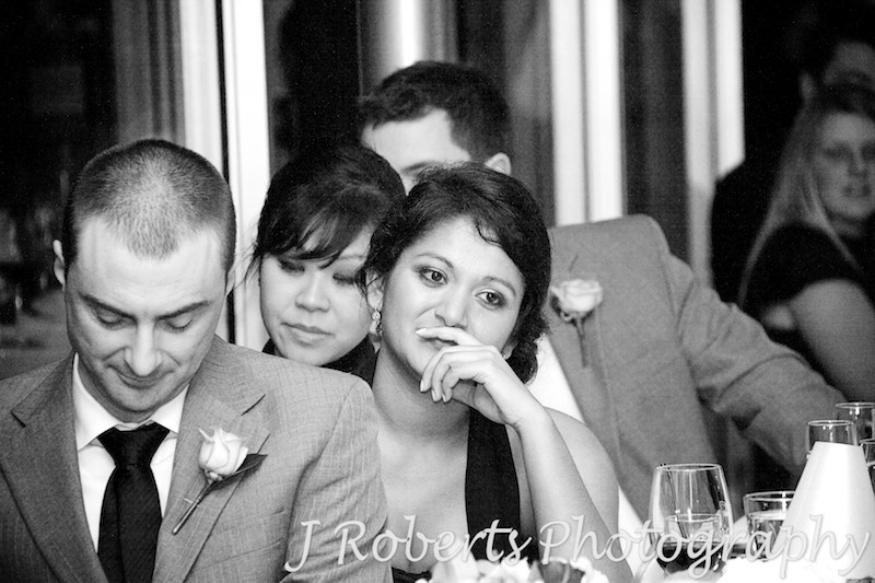 bridesmaid teary at wedding speeches - wedding photography sydney